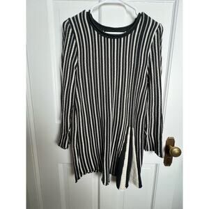 Le-La Vertical Stripe Knit Long Sleeve Top Black White Lagenlook Artsy Women's M